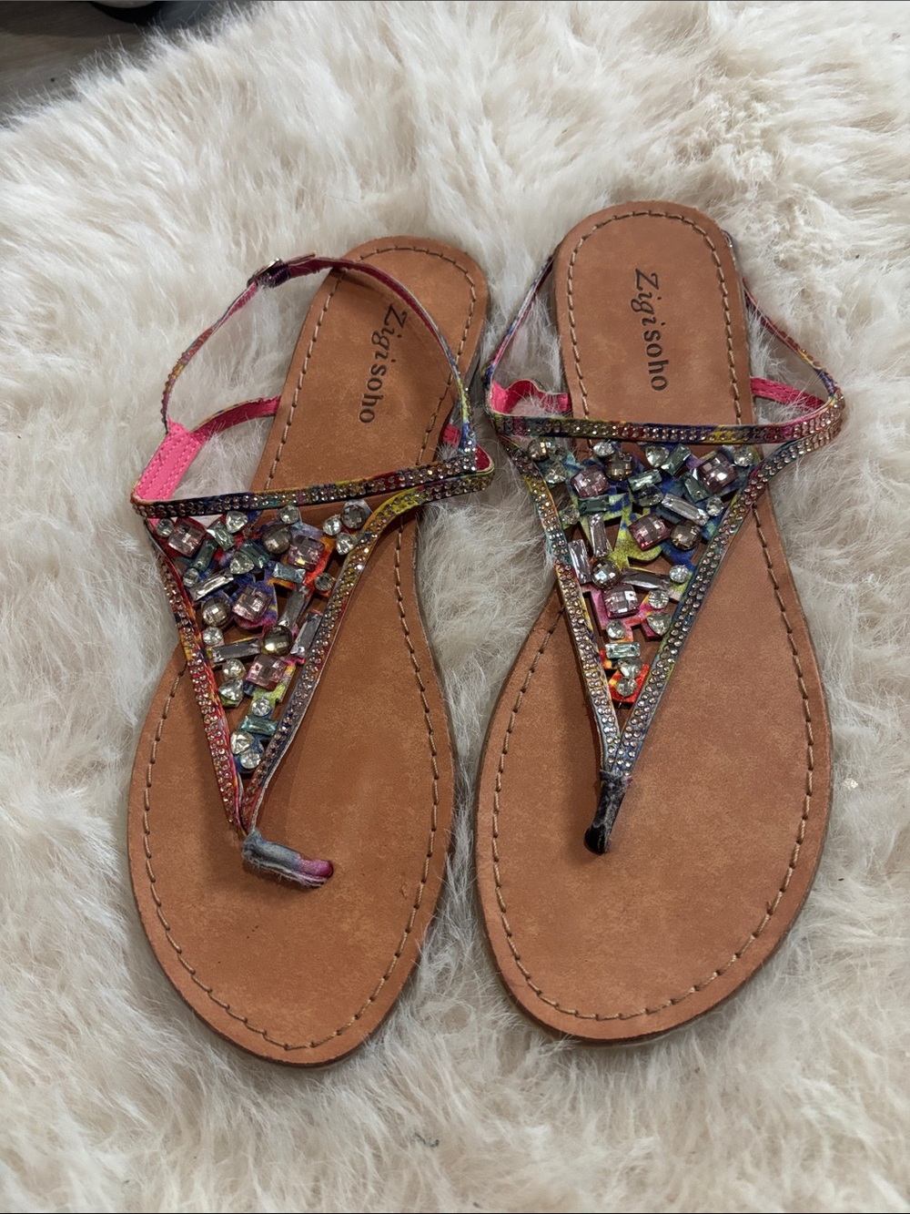 Zigi Soho Multicolor Jeweled T-Strap Sandals with Tan Footbed